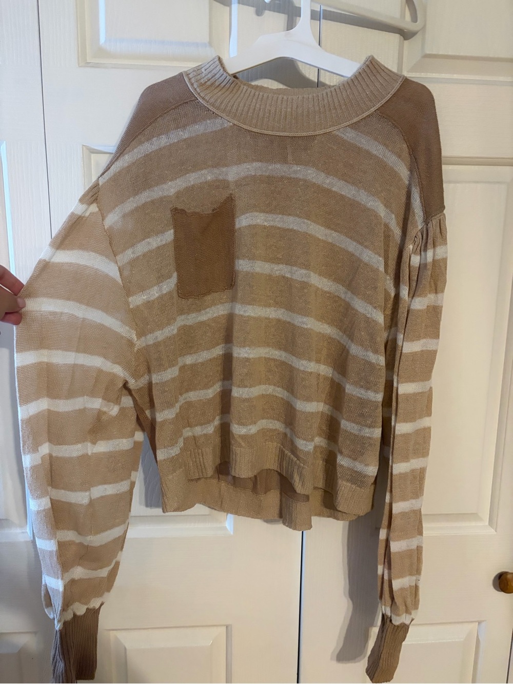 Free People Tan and White Striped Crewneck Sweater